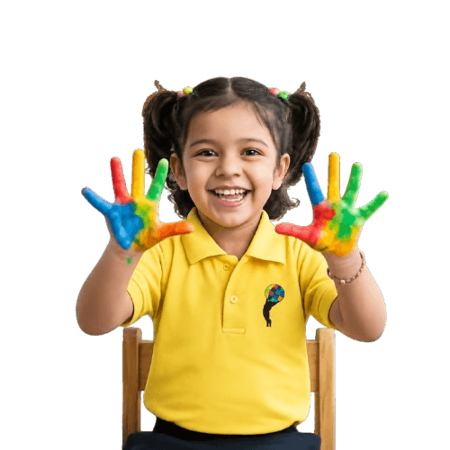Smiling little girl showing colorful painted hands